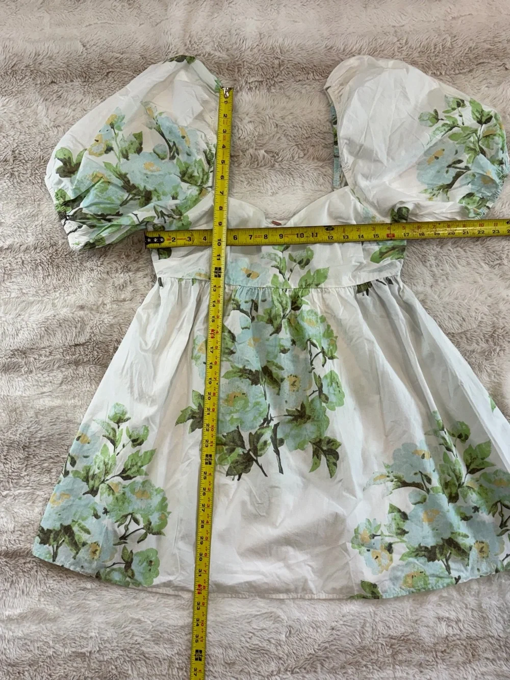 Free People White 100% cotton Floral Dress with pockets Green Blue large 12 14 - Picture 2 of 6